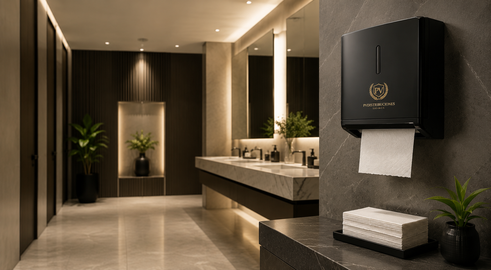 Seca toallas en un dispensador negro en un baño moderno y elegante con paredes de piedra gris, espejos con iluminación suave, plantas verdes y lavabo de mármol.