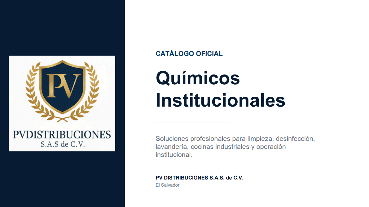 Portada de un catálogo oficial para productos químicos institucionales, con un escudo con las letras PV y la empresa PV DISTRIBUCIONES, ubicada en El Salvador.