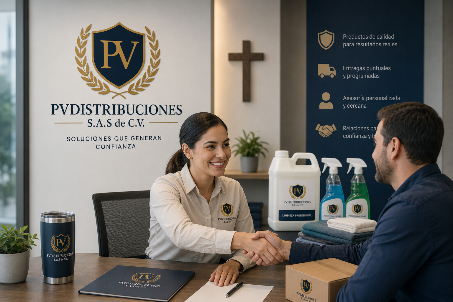 Una mujer y un hombre se saludan con un apretón de manos en una oficina de una empresa llamada PV Distribuciones, con un símbolo de cruz en la pared.