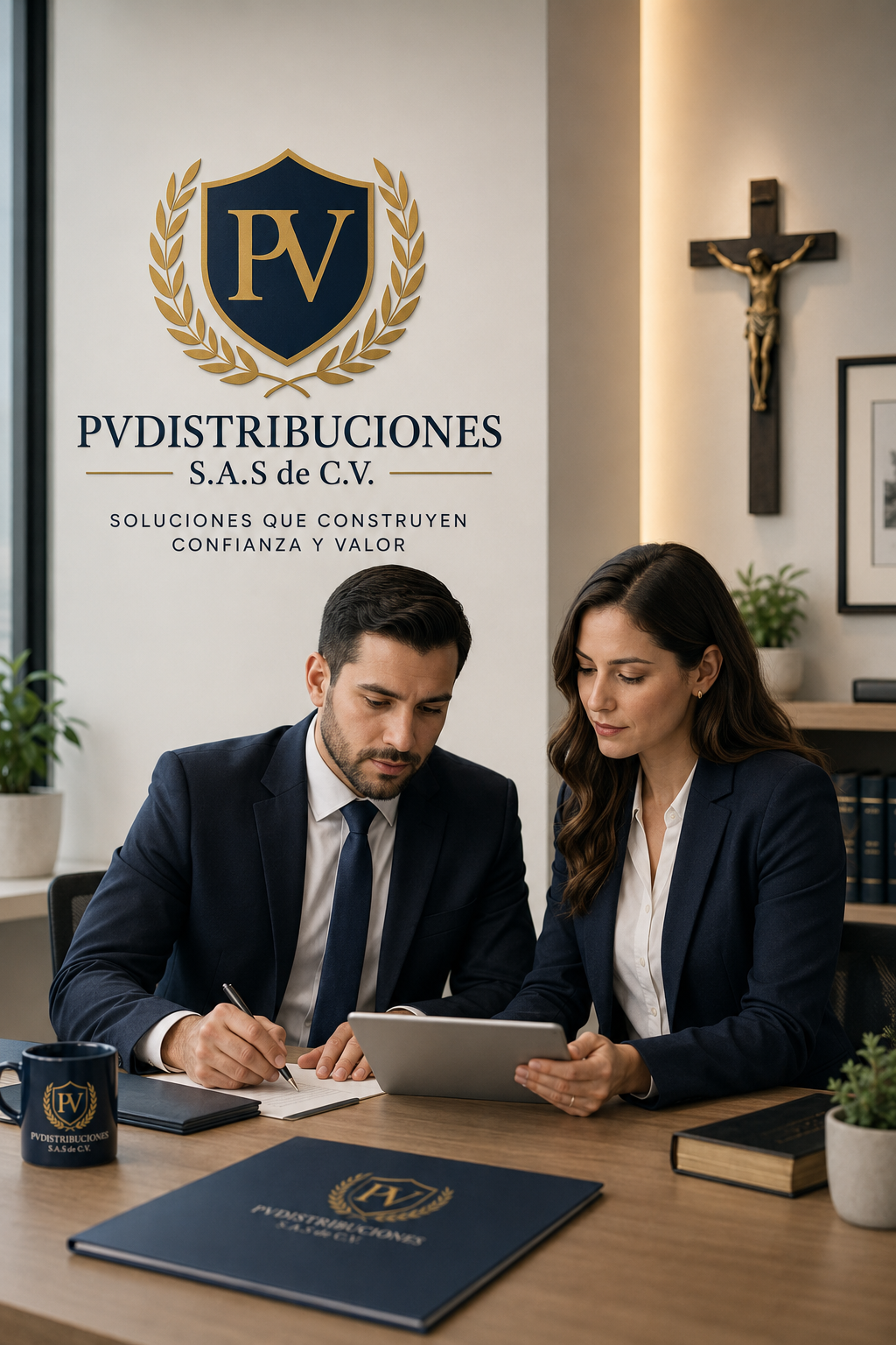 Dos personas de negocios revisando documentos en una oficina con un logo de PV Distribuciones en la pared.