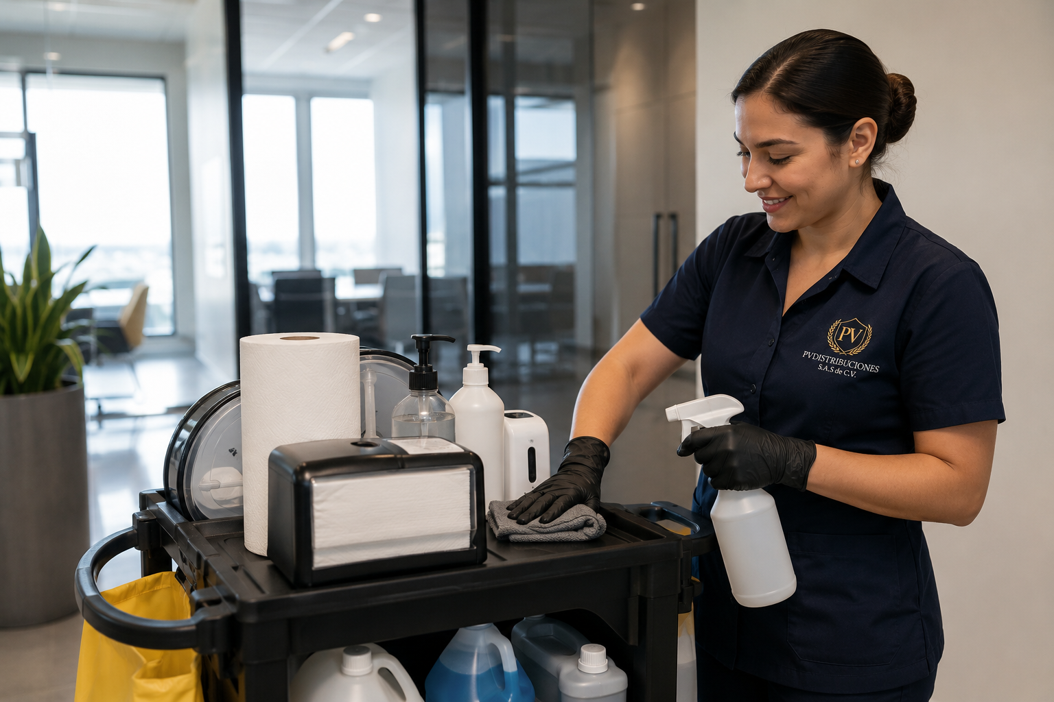 Una mujer con uniforme oscuro, usando guantes negros, limpia con un paño y un spray en una mesa de limpieza en una oficina moderna.