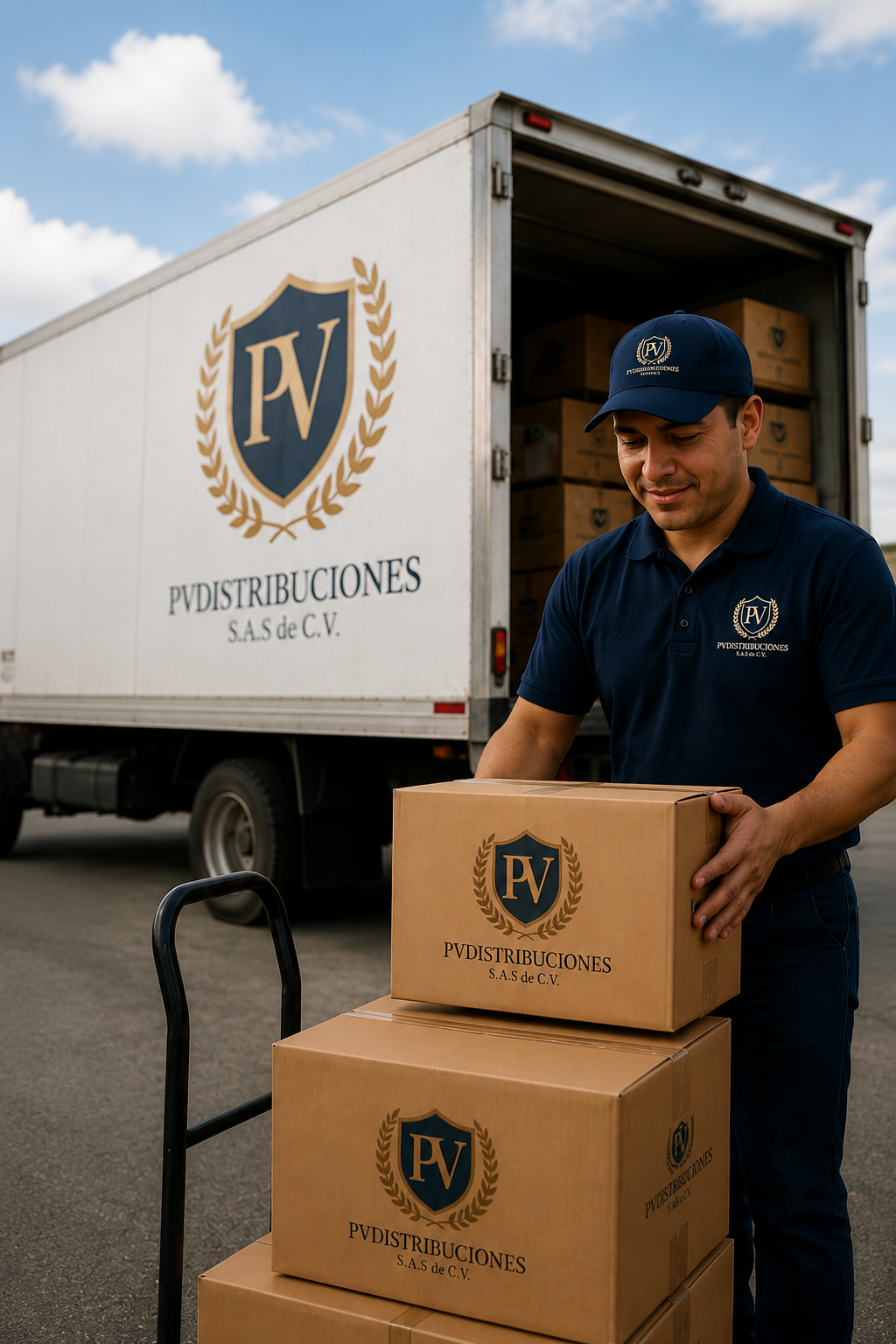 Un hombre cargando cajas con la marca PV distribuciones, con un camión de fondo que también lleva el logo y nombre de la empresa.