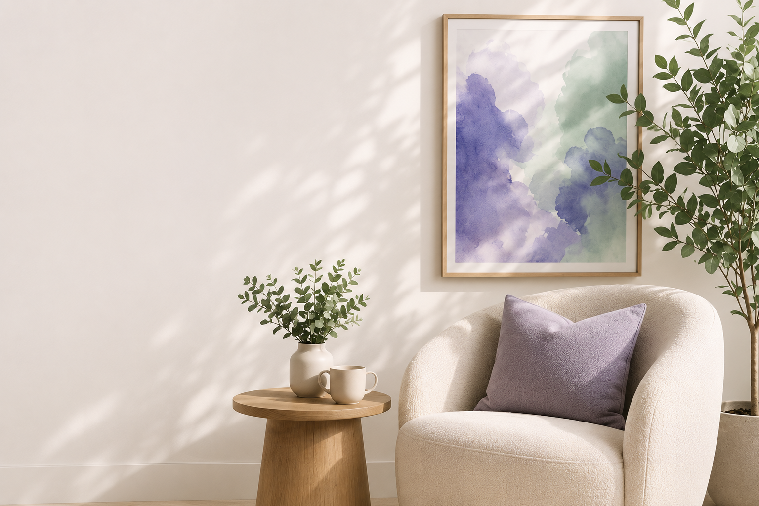 Living room corner with a beige armchair, a purple pillow, a small wooden side table with a white vase and a green plant, a large potted plant on the right, and abstract watercolor art on the wall.