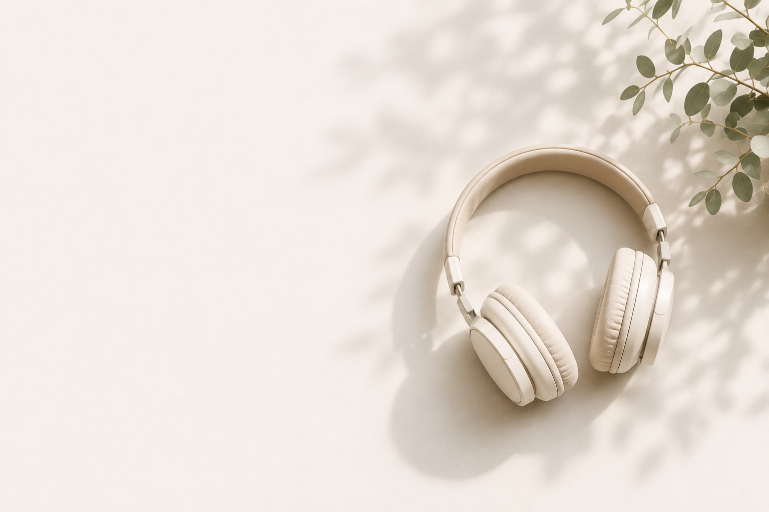 Beige over-ear headphones on a white surface with a shadow of green leaves in the background.