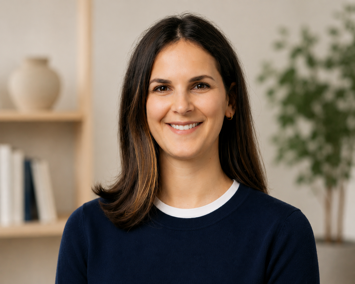 A smiling woman with shoulder-length brown hair, wearing a navy blue sweater with a white collar, standing in a room with a bookshelf and a plant in the background.