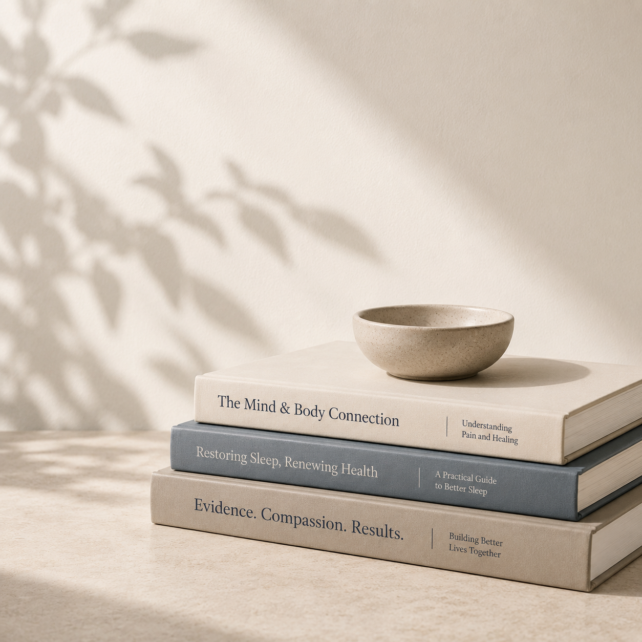 A small ceramic bowl placed on top of three stacked books on health and wellness topics, with subtle shadows on the wall behind.