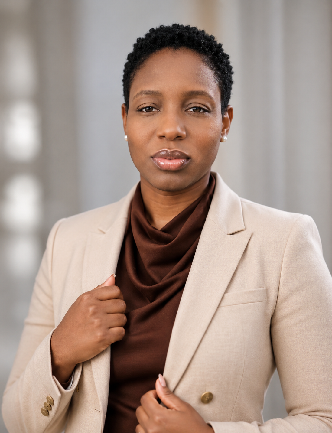A confident black woman wearing a beige blazer and brown top, holding her blazer with one hand.