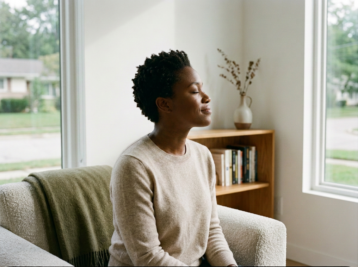 A woman sitting on a couch with her eyes closed and a peaceful expression in a cozy living room near a window.
