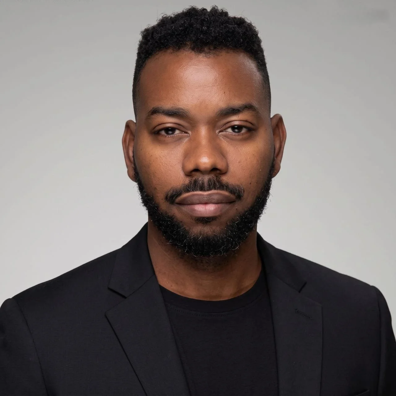 A man with a medium skin tone, short curly hair, and a beard, wearing a black blazer and black shirt, looking directly at the camera with a neutral expression against a plain gray background.