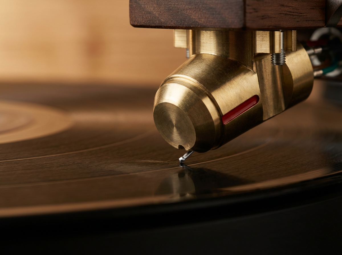 Close-up of a turntable needle with a brass tonearm, playing a vinyl record.
