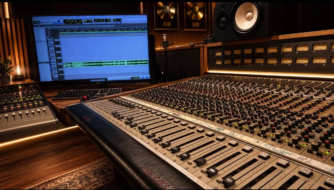 A professional recording studio with a mixing console, large speakers, a computer monitor displaying audio editing software, and acoustic paneling.