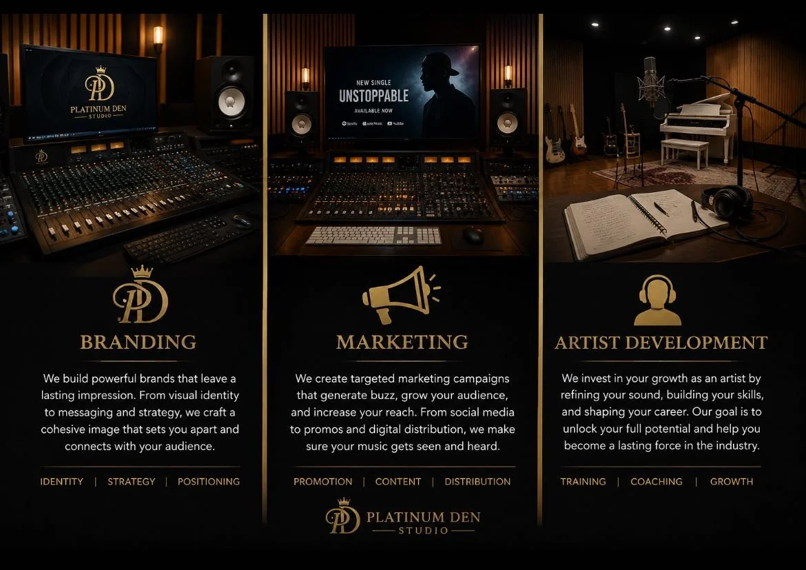 The image shows a professional music recording studio with various equipment, a mixing console, speakers, and a computer screen displaying an advertisement for a song titled 'Unstoppable.' It features sections labeled 'Branding,' 'Marketing,' and 'Artist Development' with descriptions of services related to music branding, promotion, and artist growth.