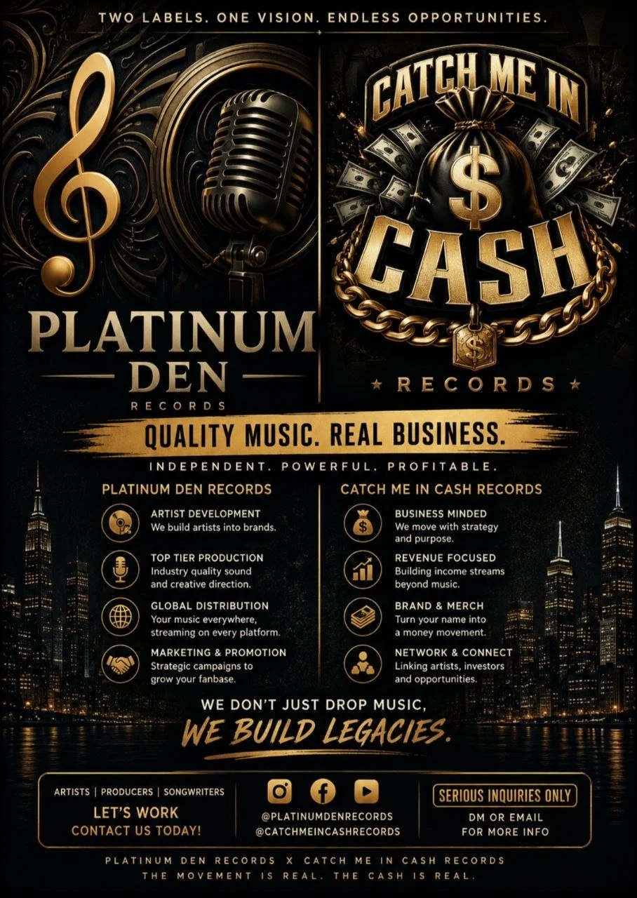 Promotional poster for Platinum Den and Catch Me In Cash Records featuring a city skyline, music symbols, a vintage microphone, and a large money bag with dollar bills, promoting music development and business strategies.