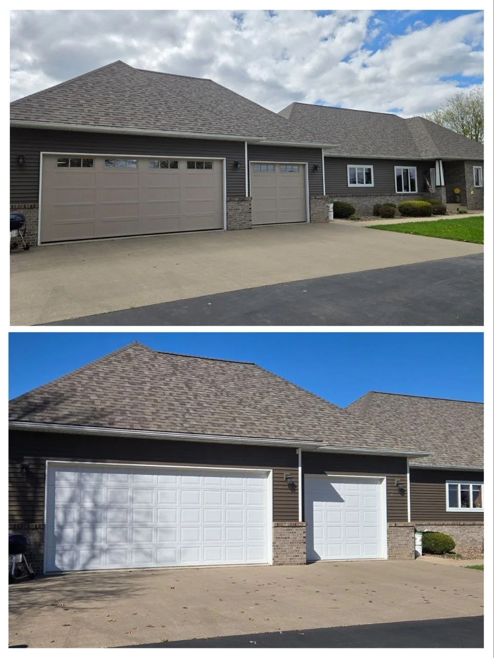 Comparison of a house with new beige garage doors in the top image and replaced white garage doors in the bottom image, showing the same house exterior.