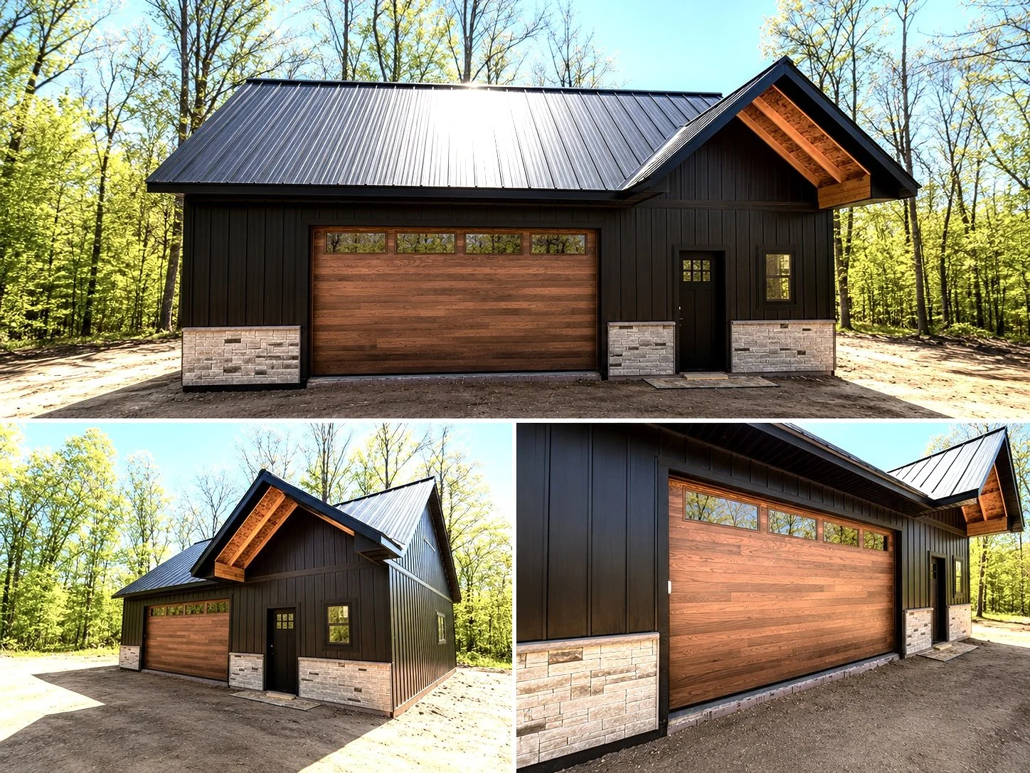 New modern house with black siding, wooden garage door, and accents of brick and wood, situated in a wooded area.