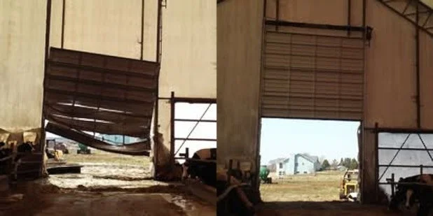 Comparison of two large industrial garage doors, one partially open and the other fully open, revealing an outdoor area with buildings and a vehicle nearby.