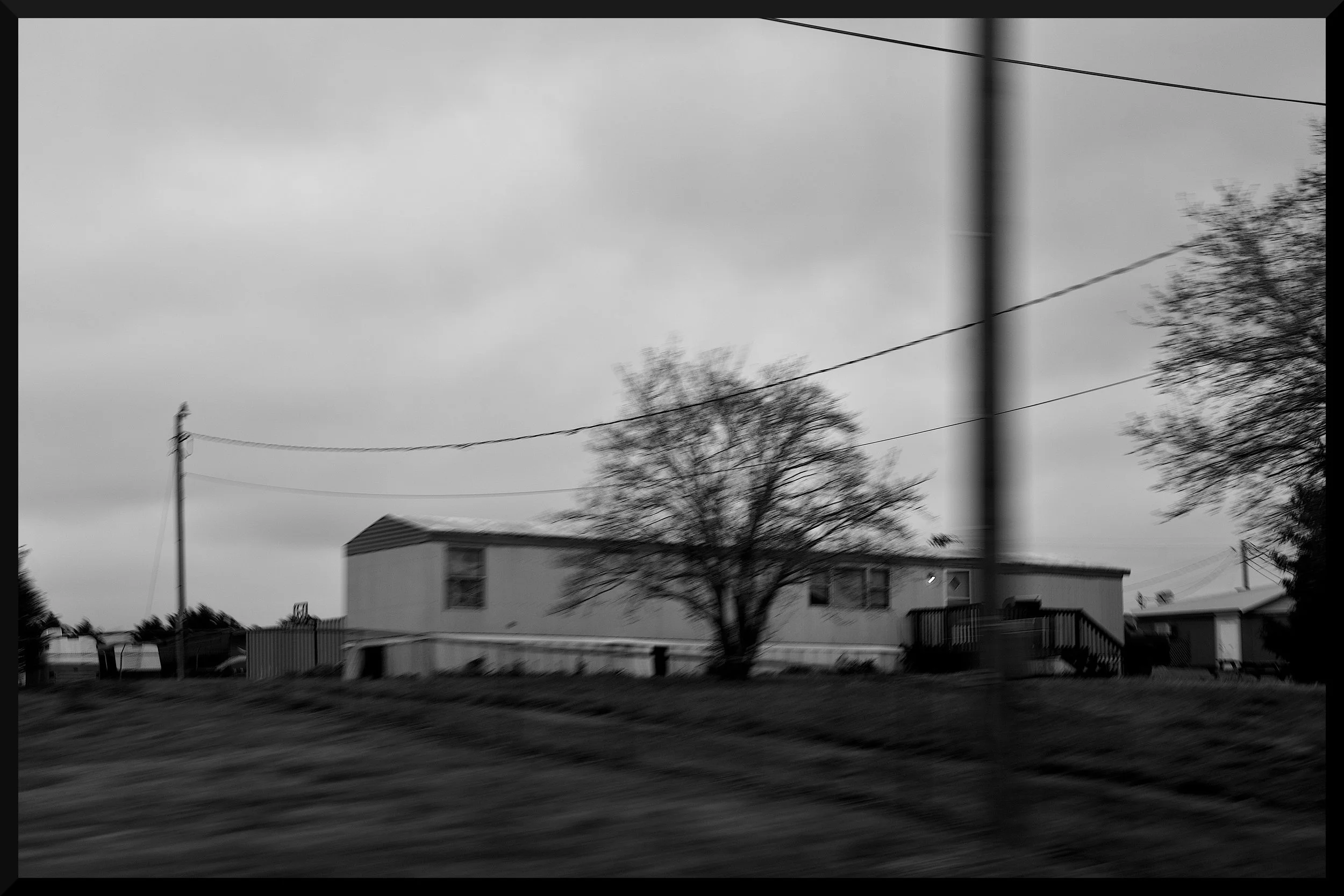 Black and white photo of a residential neighborhood with trees, houses, and power lines under an overcast sky.