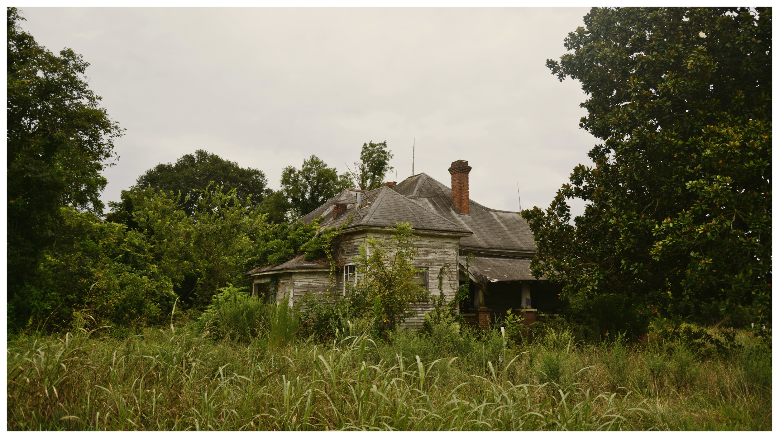 An old abandoned house surrounded by overgrown vegetation with trees and bushes, under an overcast sky.