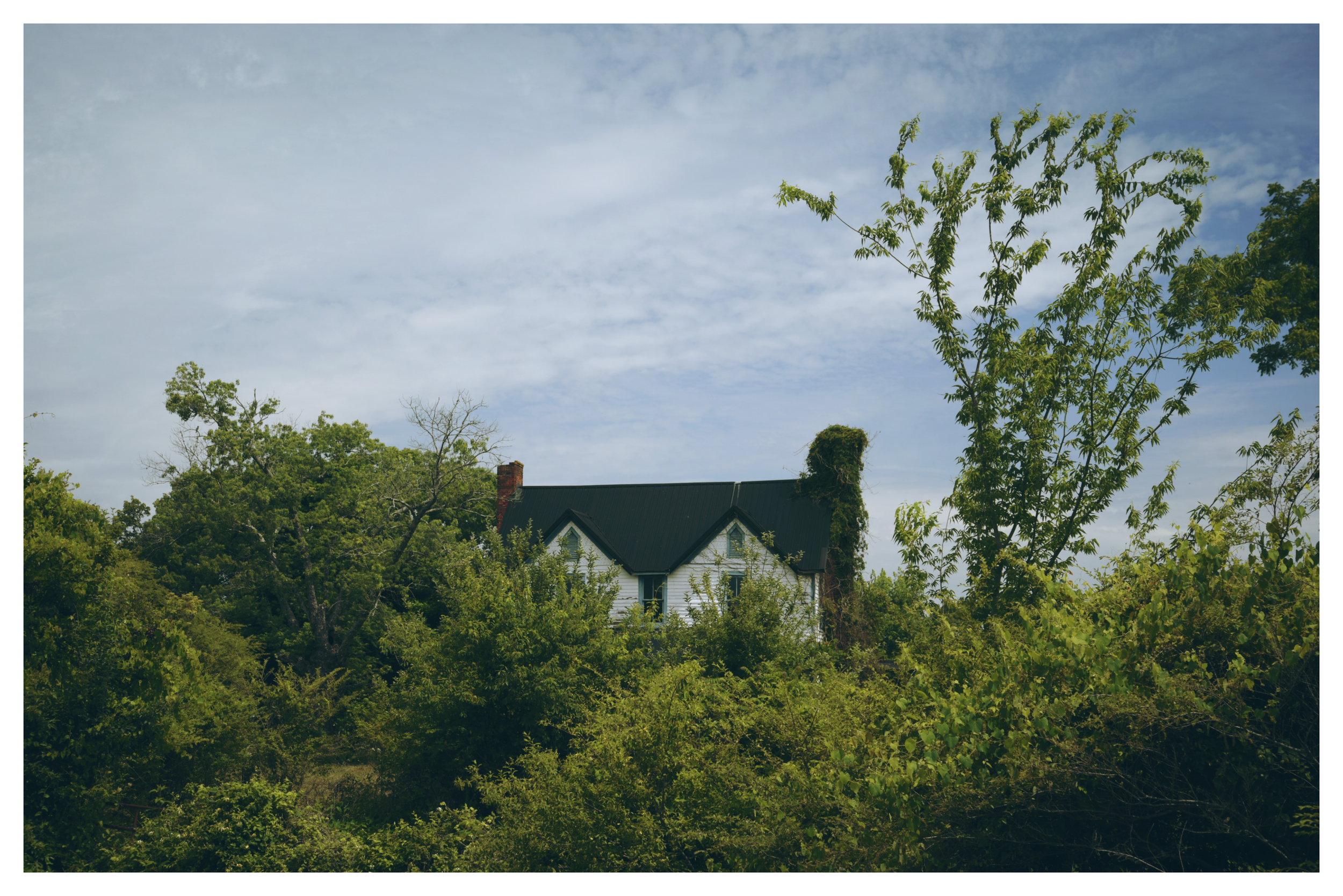 A house with white walls and a dark roof is partially visible behind lush green trees and bushes, under a partly cloudy sky.
