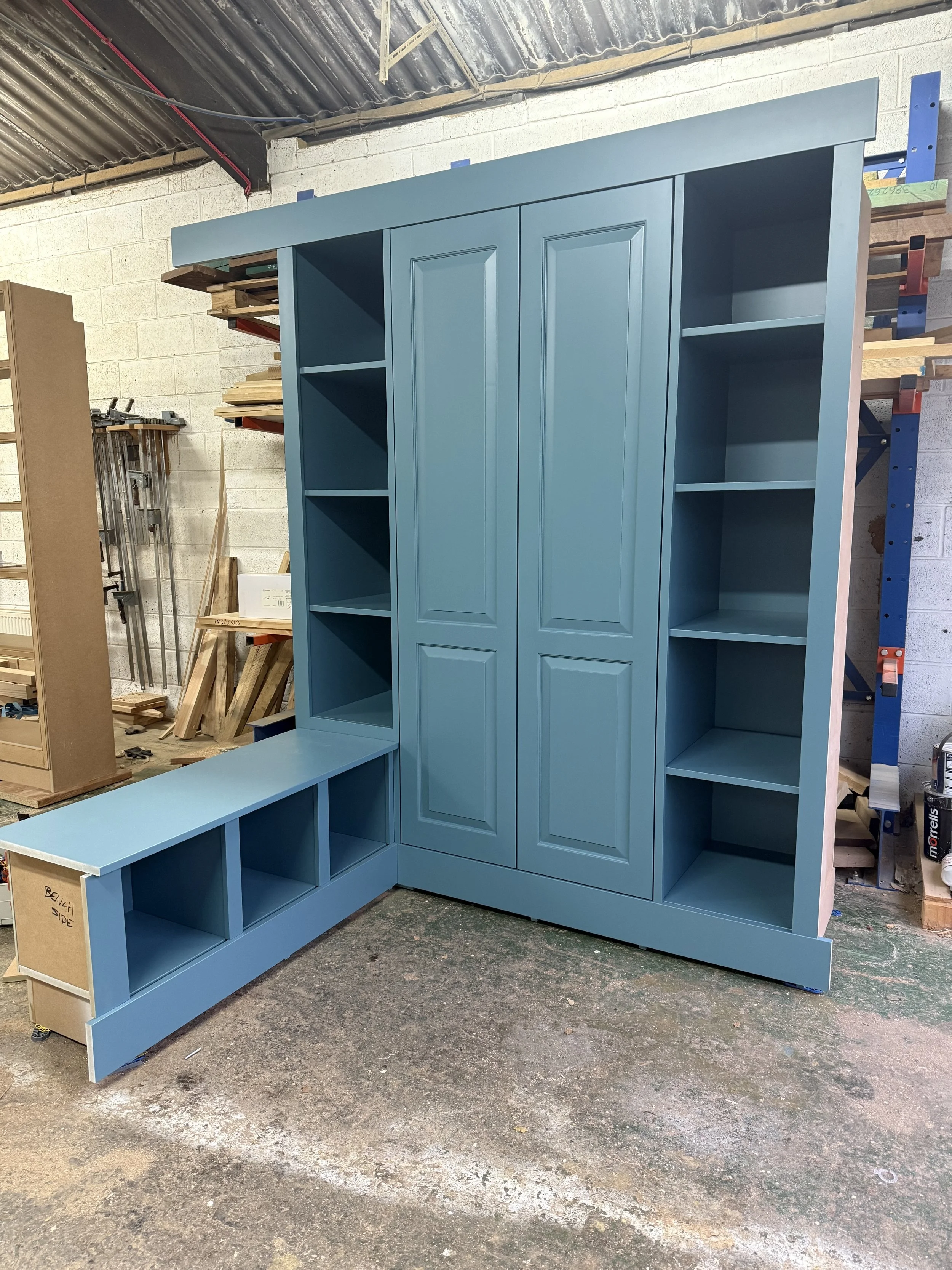 Commercial joinery workshop pre-assembly dry-fit boot room production