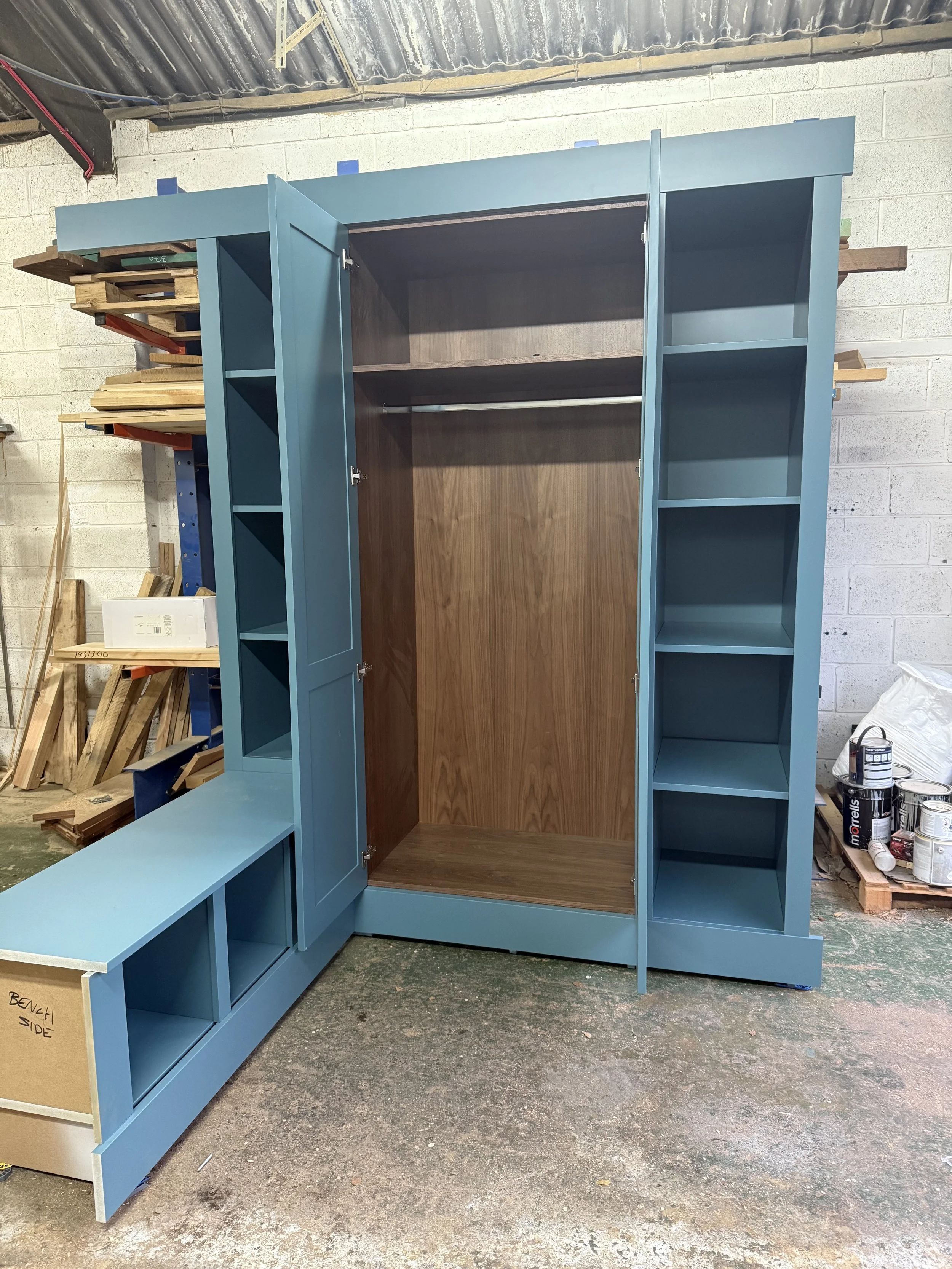 Commercial joinery workshop pre-assembly dry-fit boot room production