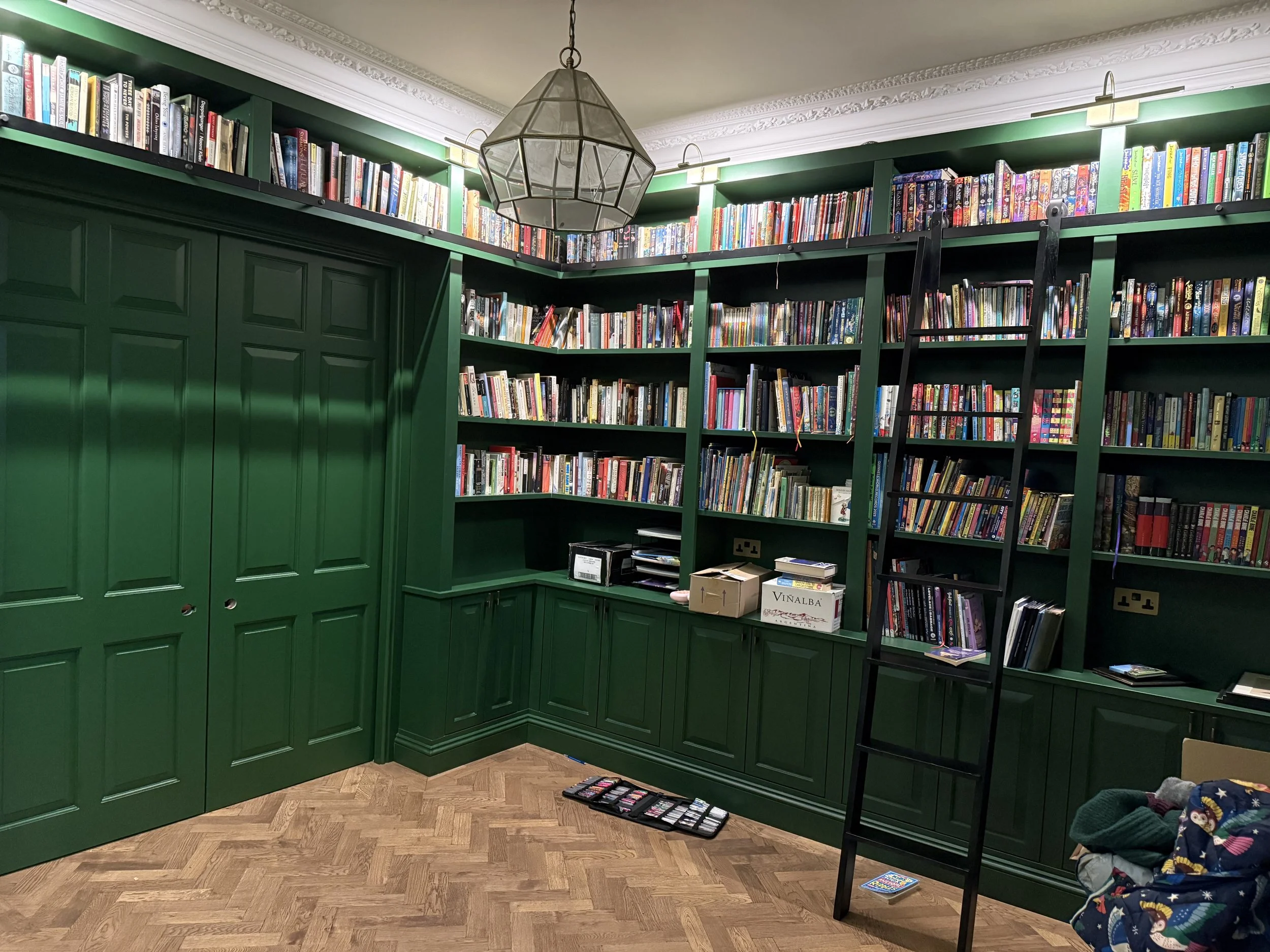 Bespoke traditional wrap-around library forest green lacquer Stotfold workshop