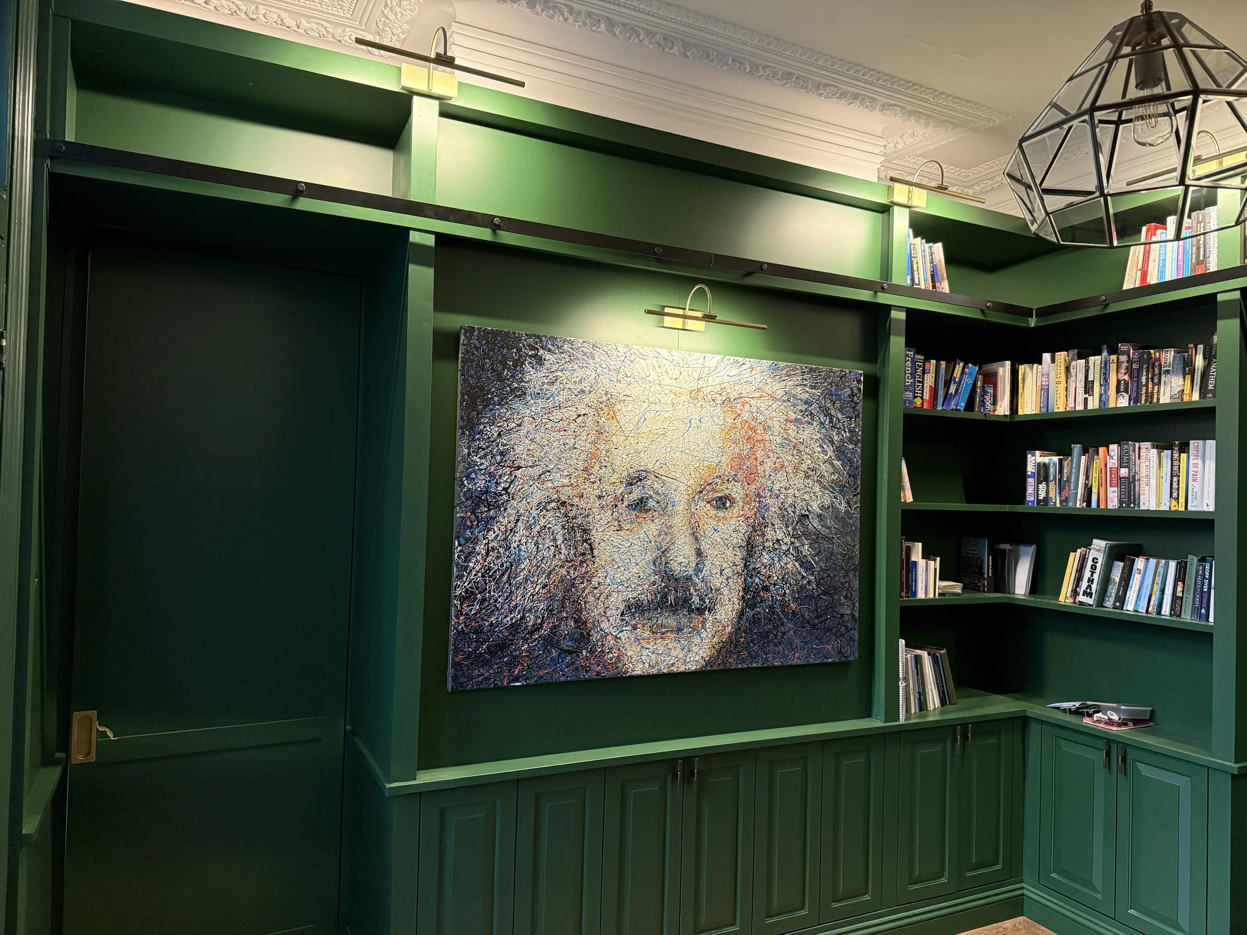 Bespoke traditional wrap-around library forest green lacquer Stotfold workshop