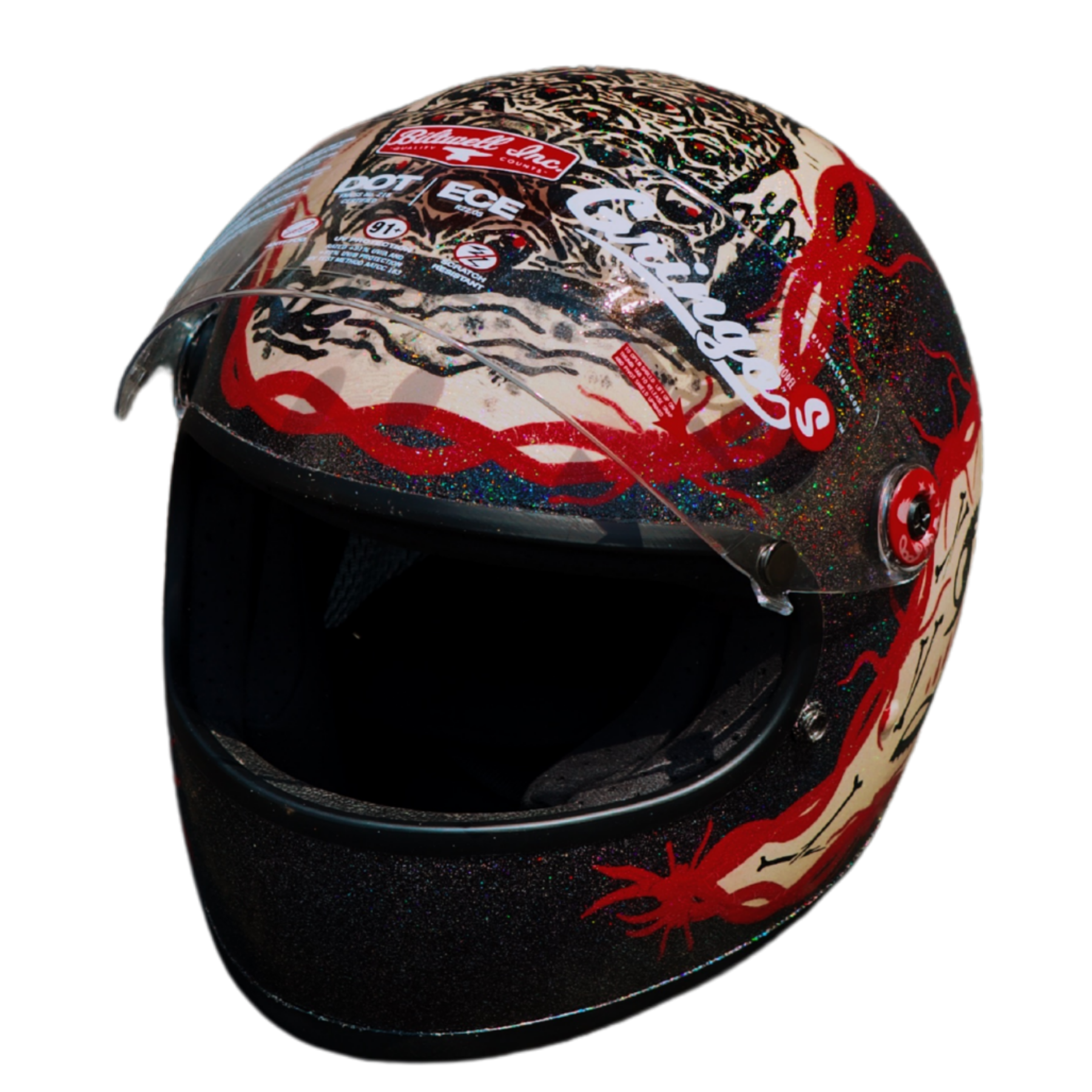 Full-face view of a motorcycle helmet decorated with a graphic illustration of a red lobster, red and black splatters, and various labels and stickers including 'Biltwell Inc.' and 'DOT'.
