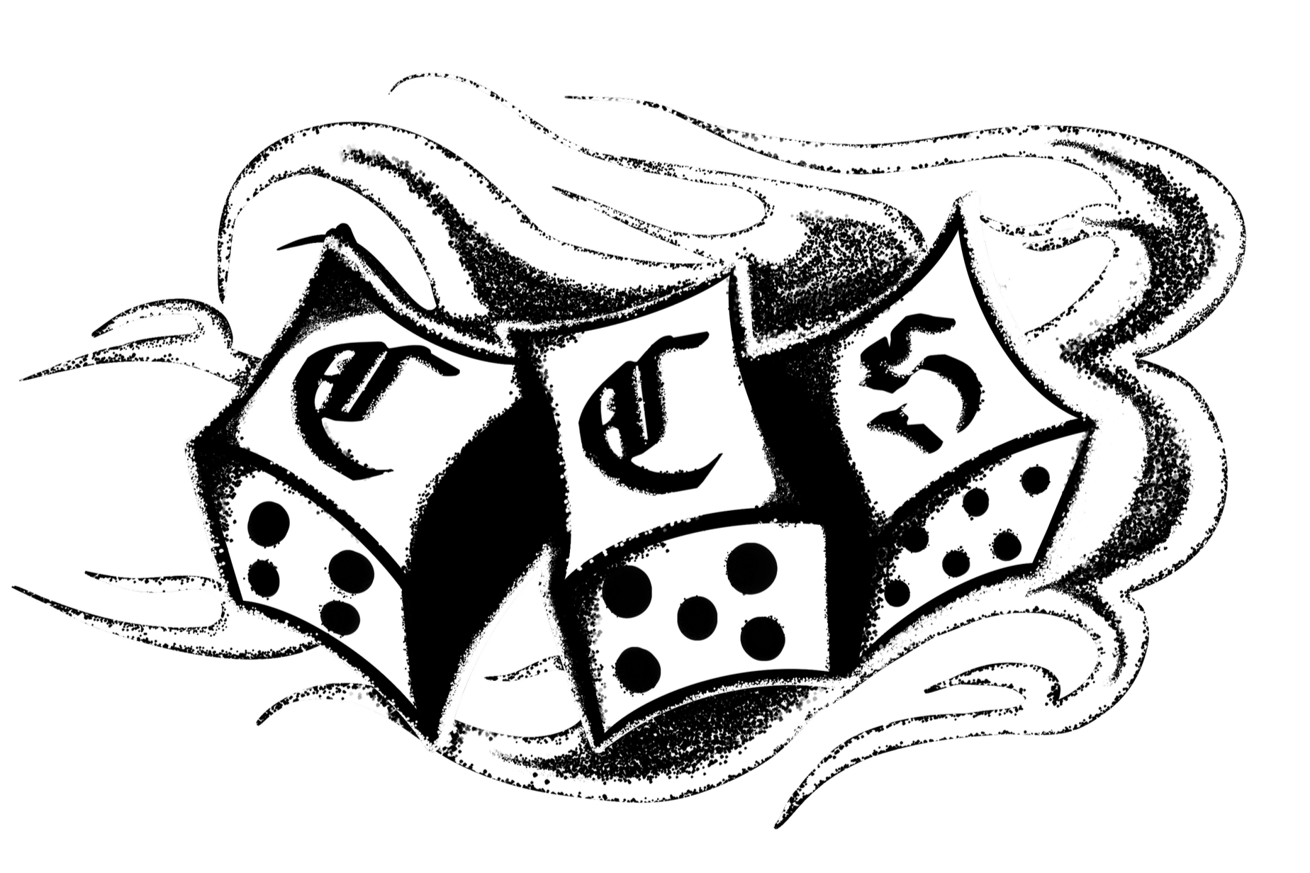Black and white illustration of dice and flowing smoke or ribbon.