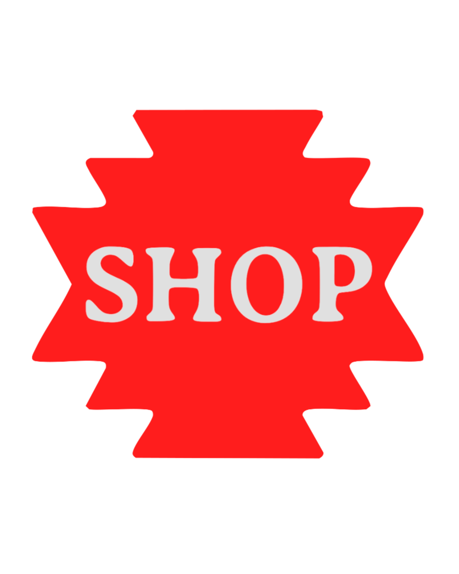 Red starburst shape with the word 'SHOP' written in white capital letters in the center.
