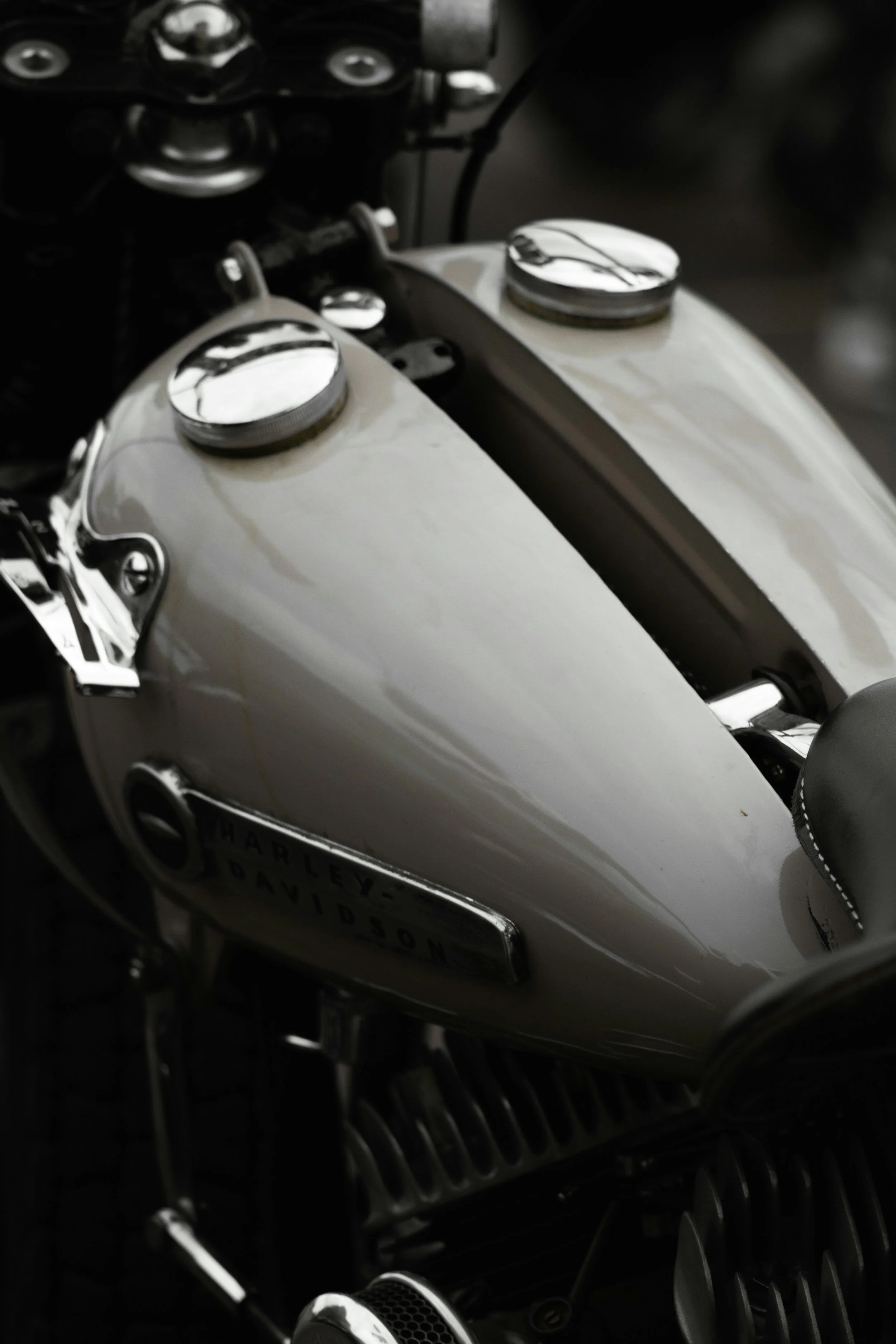 Close-up of a motorcycle fuel tank with chrome gas caps, a Harley-Davidson license plate, and a black frame.