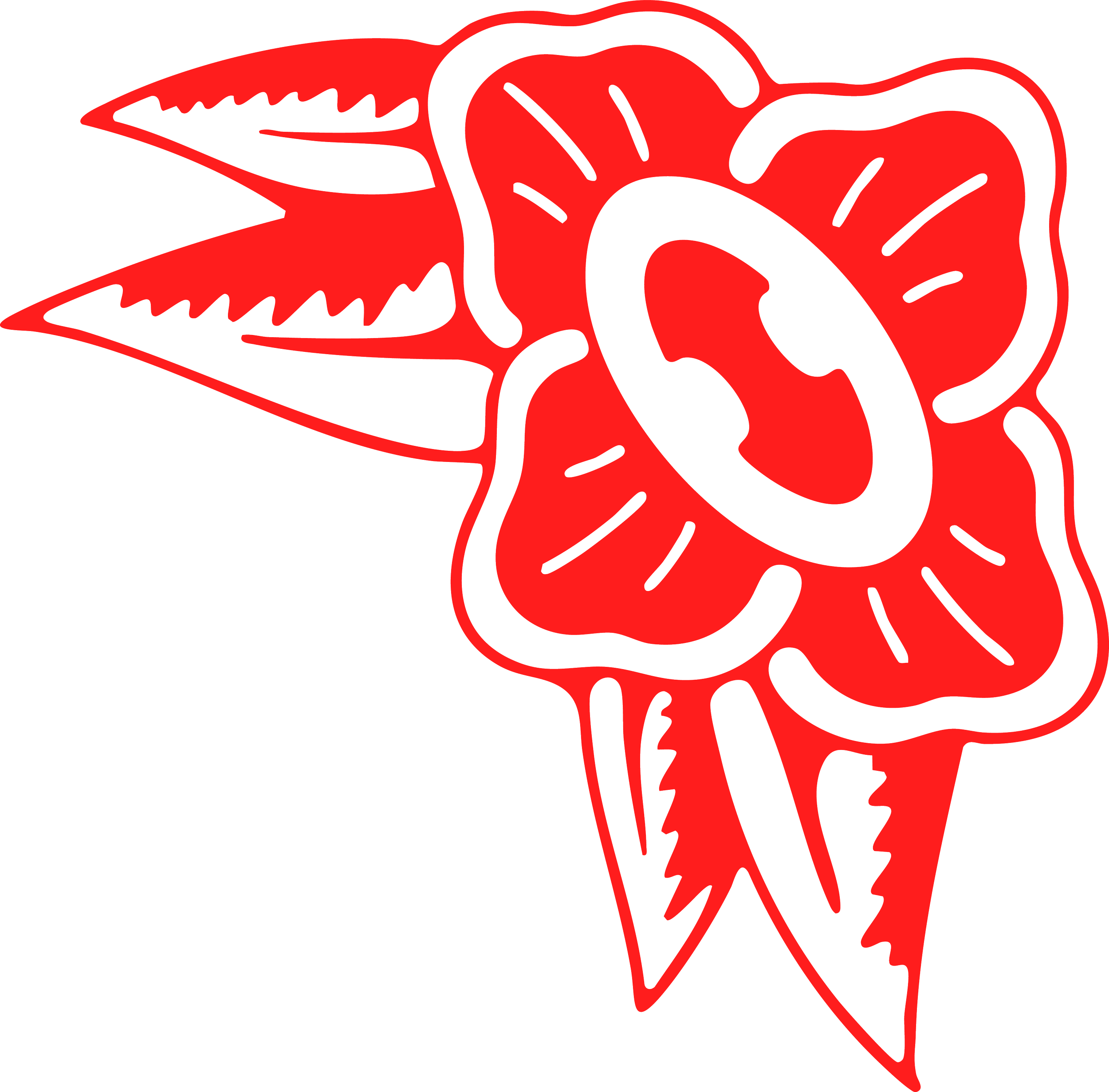 A stylized illustration of a red and black spider with an abstract body and legs, presented on a black background.
