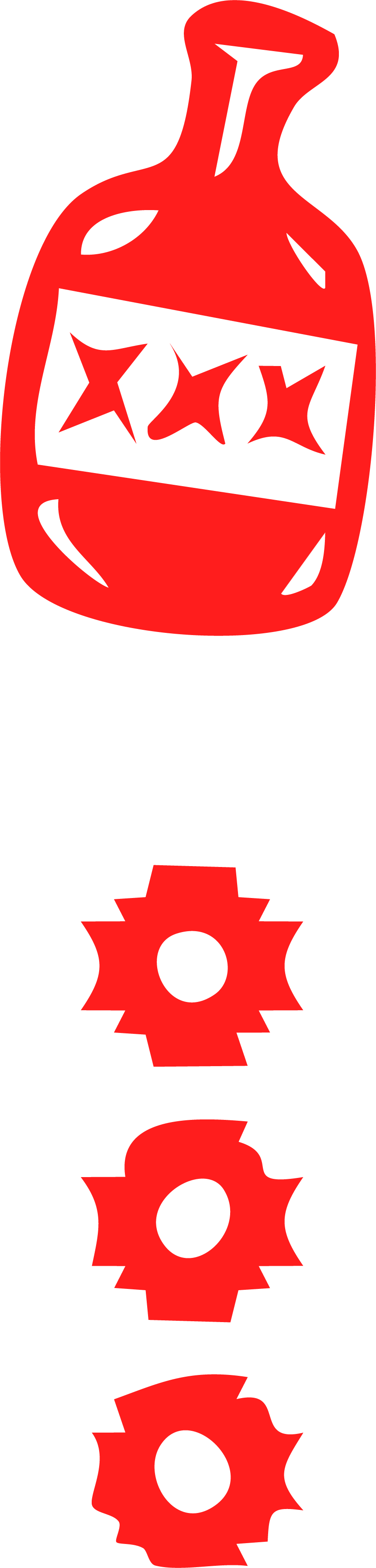 Red stylized Christmas tree ornament with stars and the phrase "XMAS" on it, and three red snowflake shapes below.