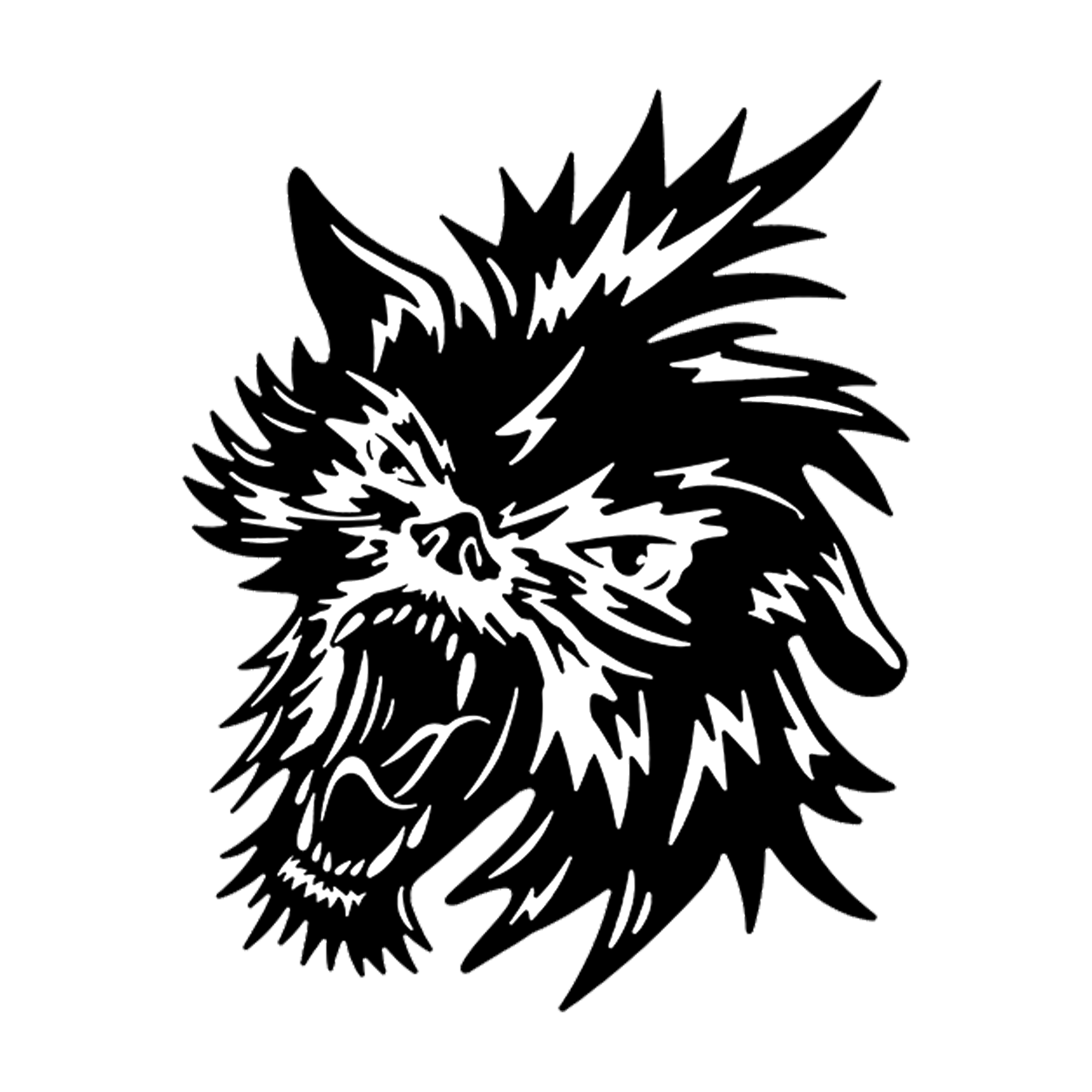 Black and white illustration of a fierce-looking creature with large, pointed ears and a bushy mane, possibly a wolf or similar animal.