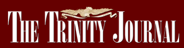 Logo of The Trinity Journal with a dragon illustration above the text on a dark red background.