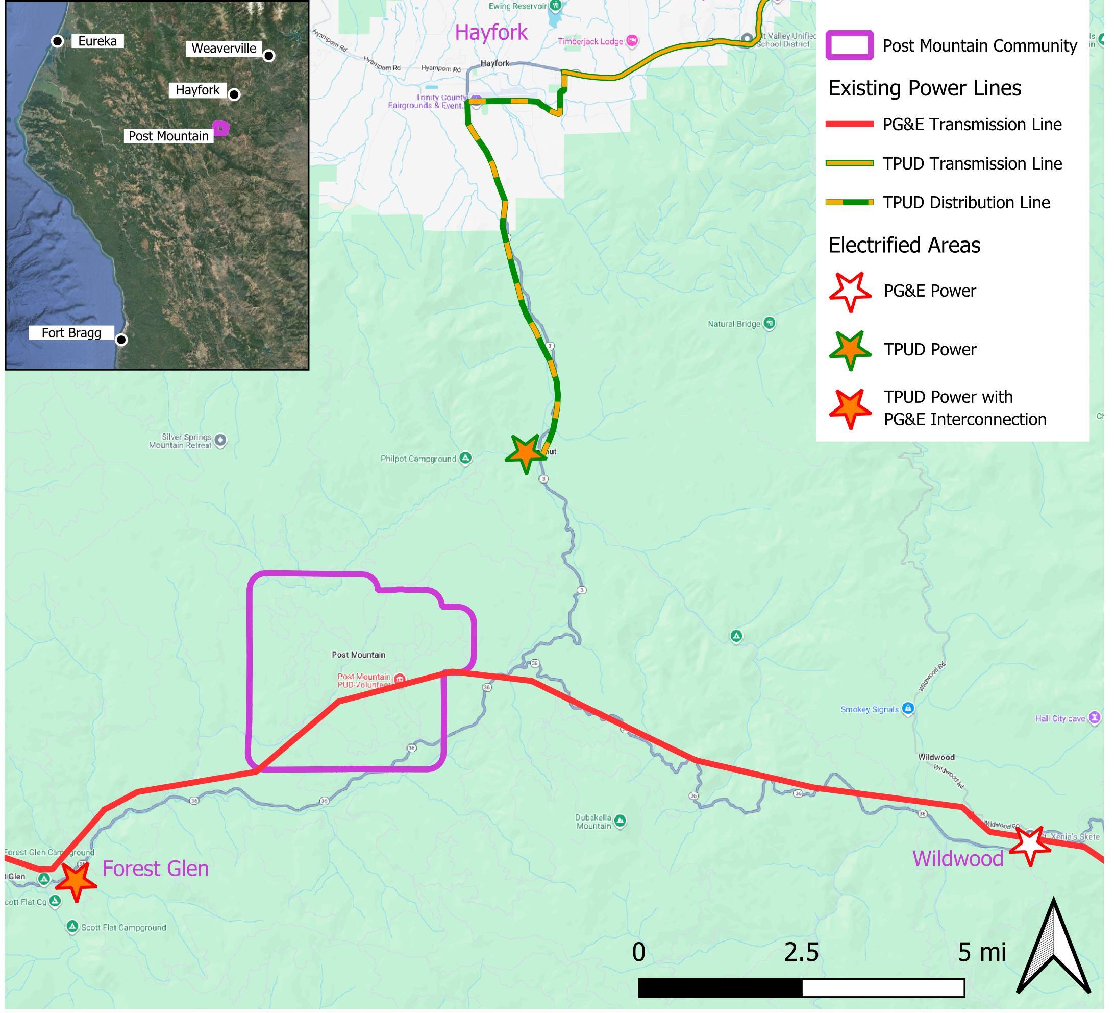 Map showing proposed hydroelectric power development with locations of Post Mountain Community, Forest Glen, and Wildwood, including existing power lines, transmission lines, and proposed power generation points marked with star symbols.