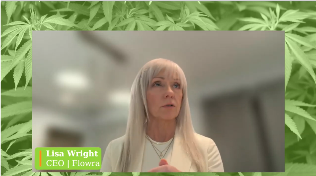 Lisa Wright, CEO of Flowra, speaking in a video interview with a background of cannabis leaves.