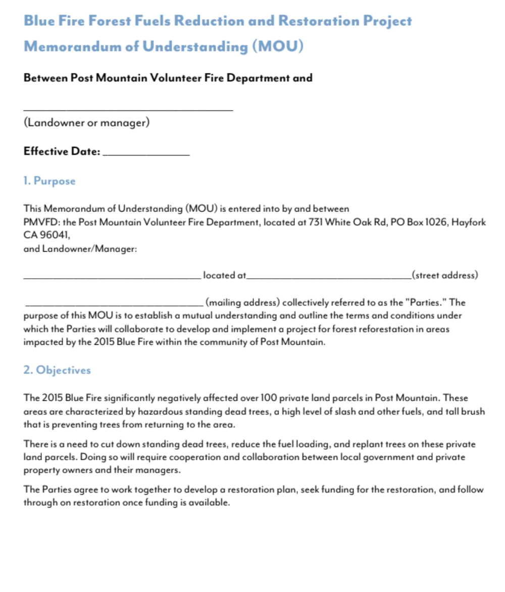 Title page of a memorandum of understanding for a Blue Fire Forest Fuels Reduction and Restoration Project, outlining purpose and objectives.