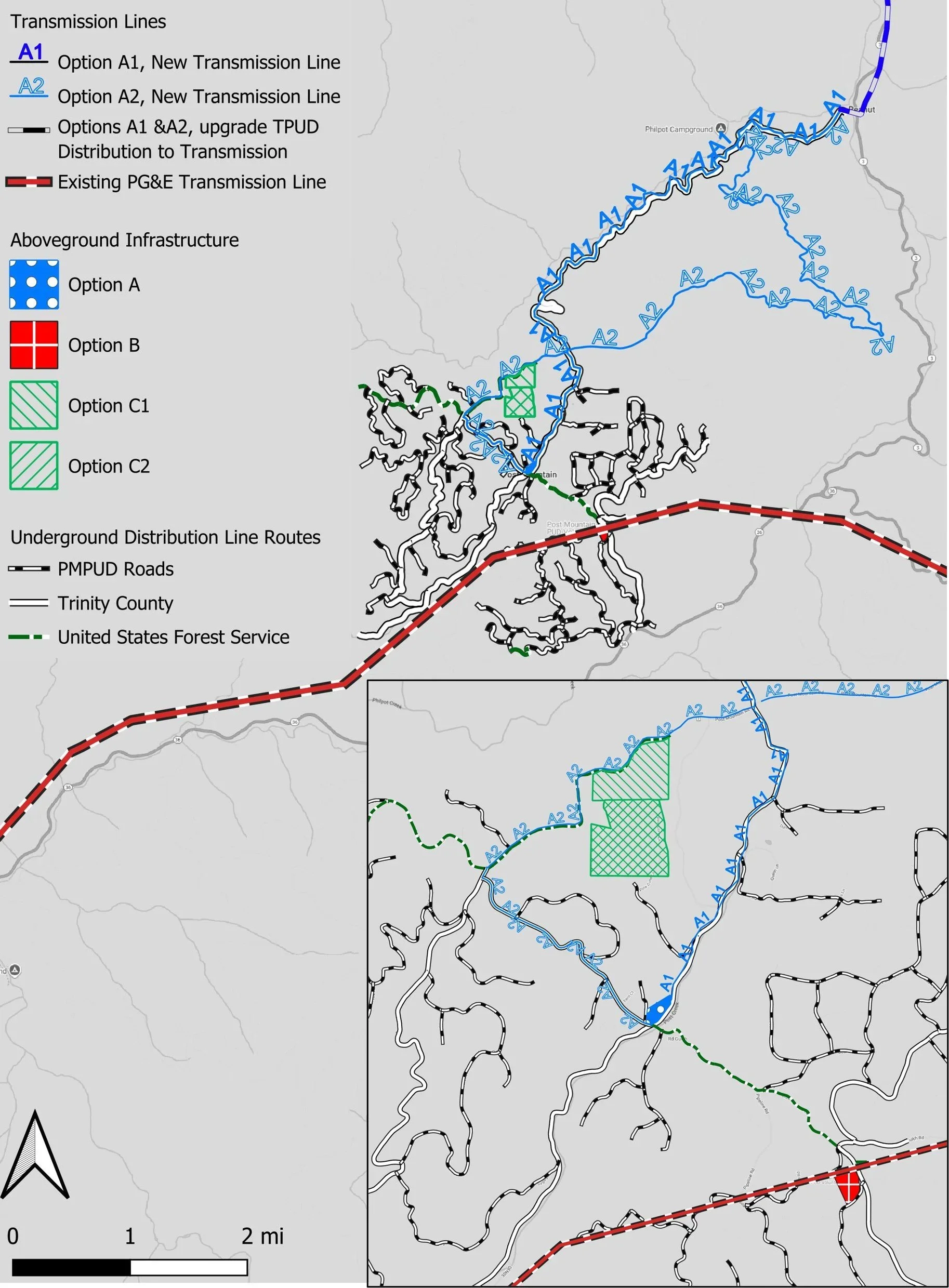 Map showing new and upgraded transmission lines, existing transmission lines, underground distribution routes, and forest service areas in a rural region. Legends include options A, B, C1, C2, and county roads.