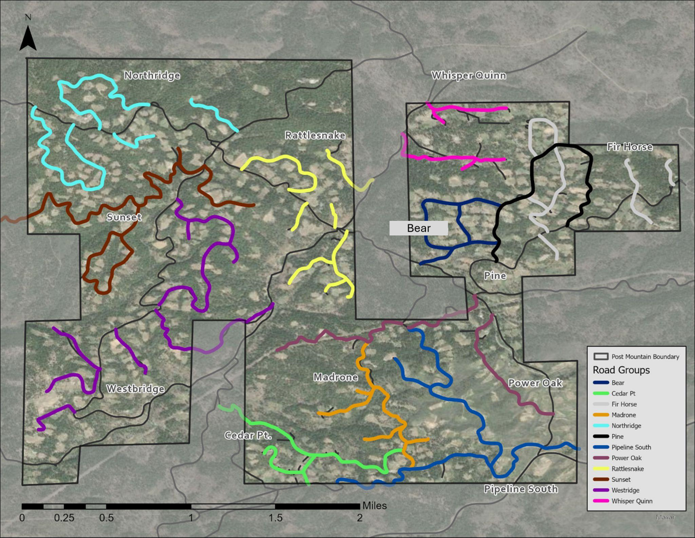 Map showing post mountain boundary zones with color-coded road groups and names, including Northridge, Sunset, Westridge, Cedar Pt., Madrone, Power Oak, Rattlesnake, Whisper Quinn, Fir Horse, and Pipeline South, with a scale in miles.