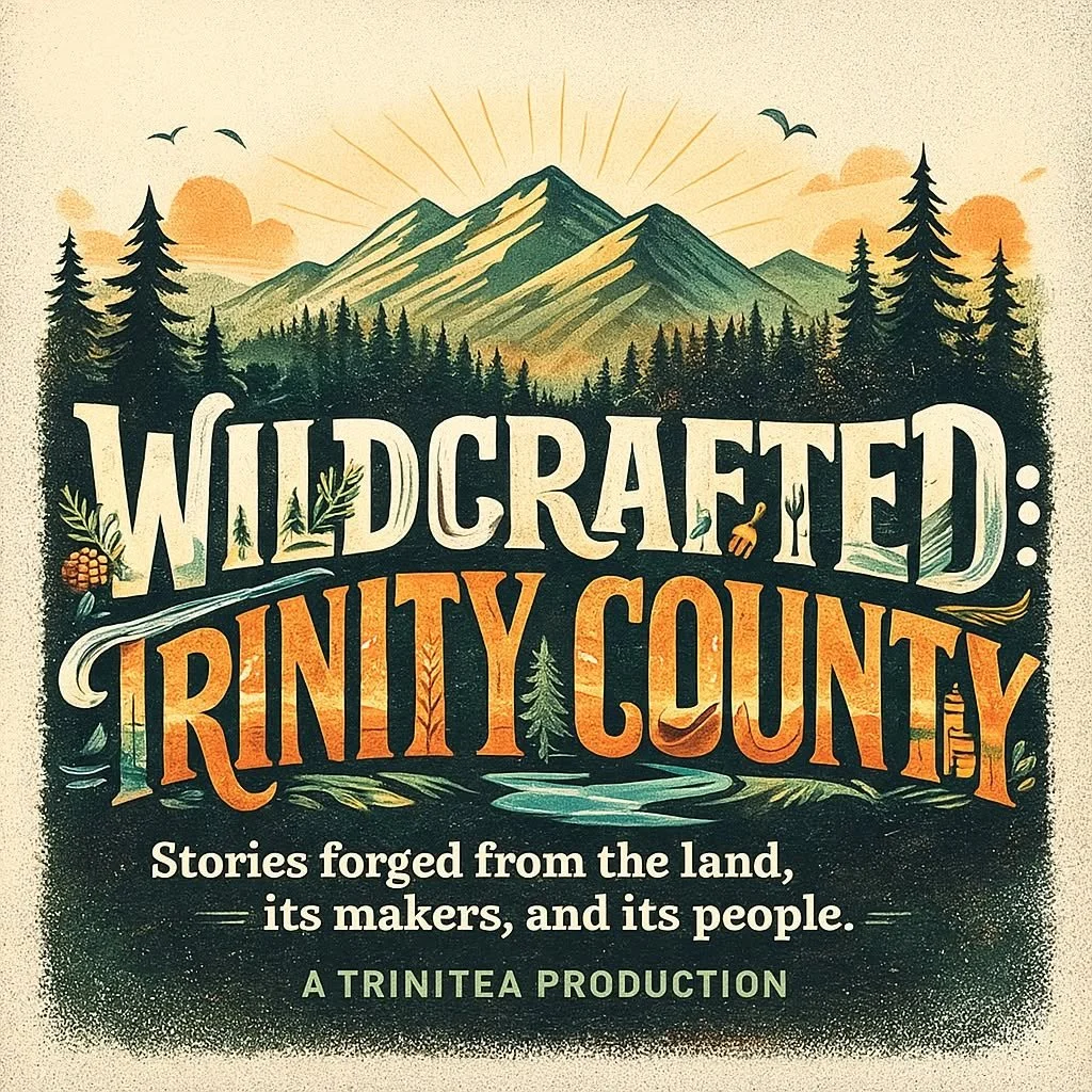 Illustration of mountains, pine trees, and a river with the text 'Wildcrafted Rinty County.' The image includes small details like birds, a pine cone, a fork, and a bottle, with a sunset or sunrise in the background.