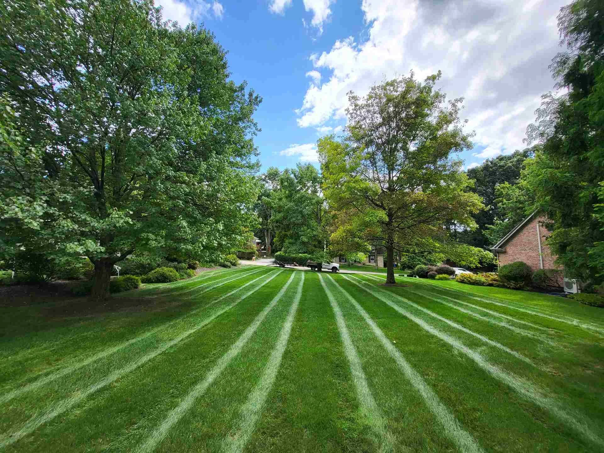 A suburban front yard with freshly mowed grass featuring striped pattern, tall trees on both sides, a house partially visible on the right, and a car parked on the street. The sky is blue with scattered clouds.