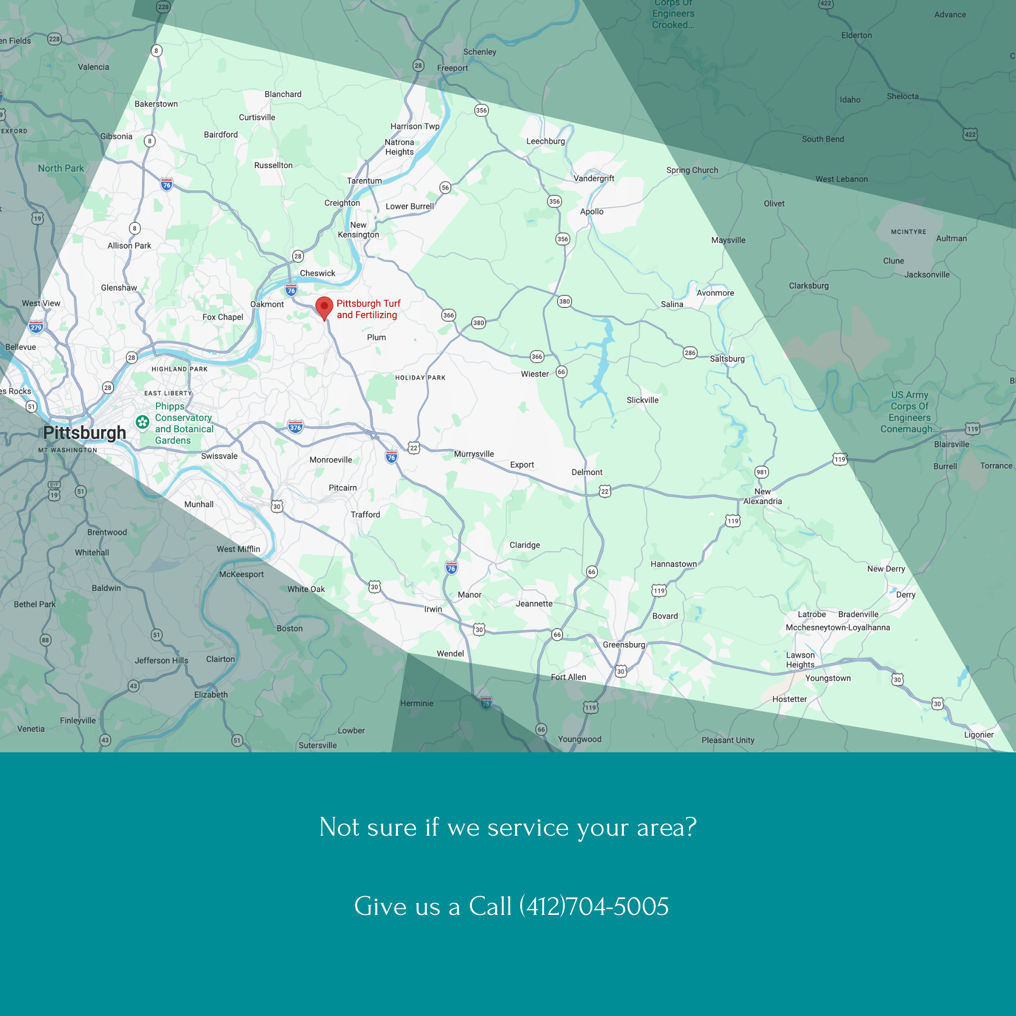 Map showing Pittsburgh area with a marked location for Pittsburgh Turf and Fertilizing. Overlay with contact information and service inquiry message.