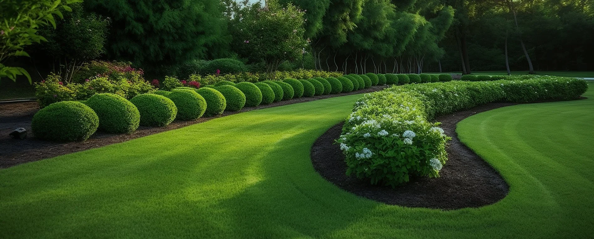 Manicured garden with curved green grass, round bushes, flowering shrubs, and trees in the background, early morning sunlight.