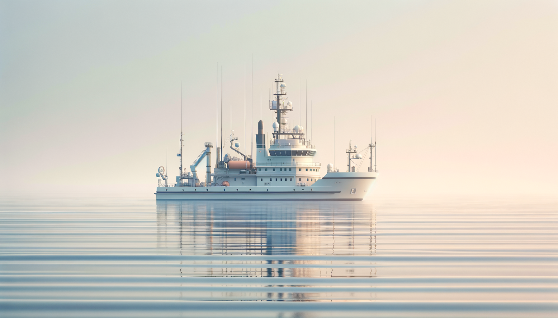 A large modern yacht on calm water with a clear sky and soft sunlight