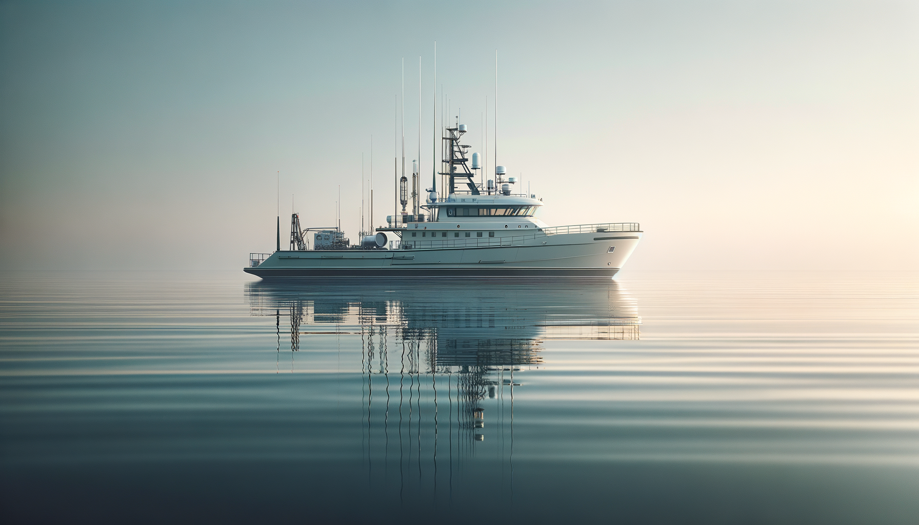 A calm body of water with the reflection of a large white yacht, soft lighting, and a hazy sky