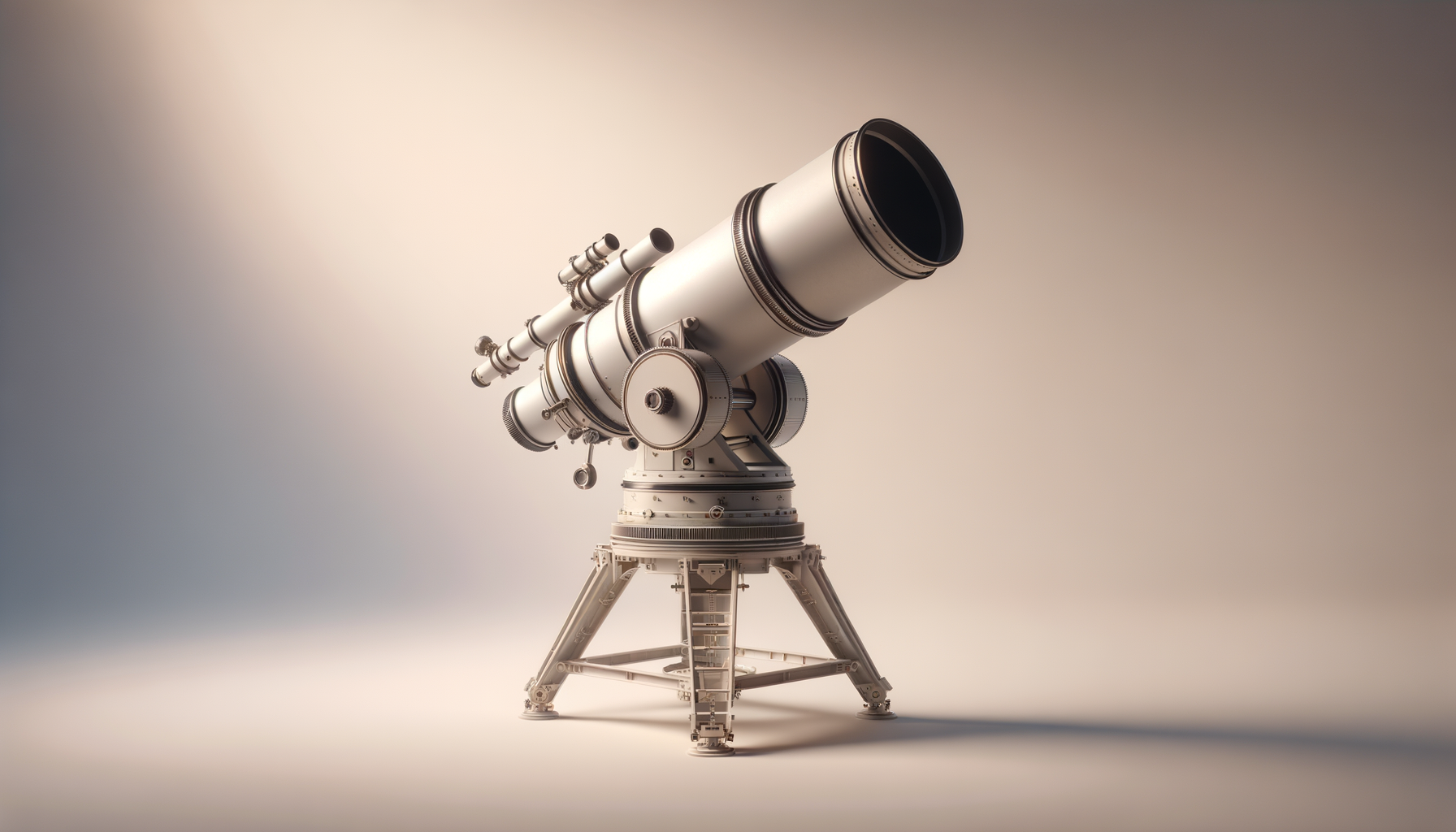 A vintage white telescope with multiple lenses and adjustment knobs on a tripod stand, set against a neutral background.