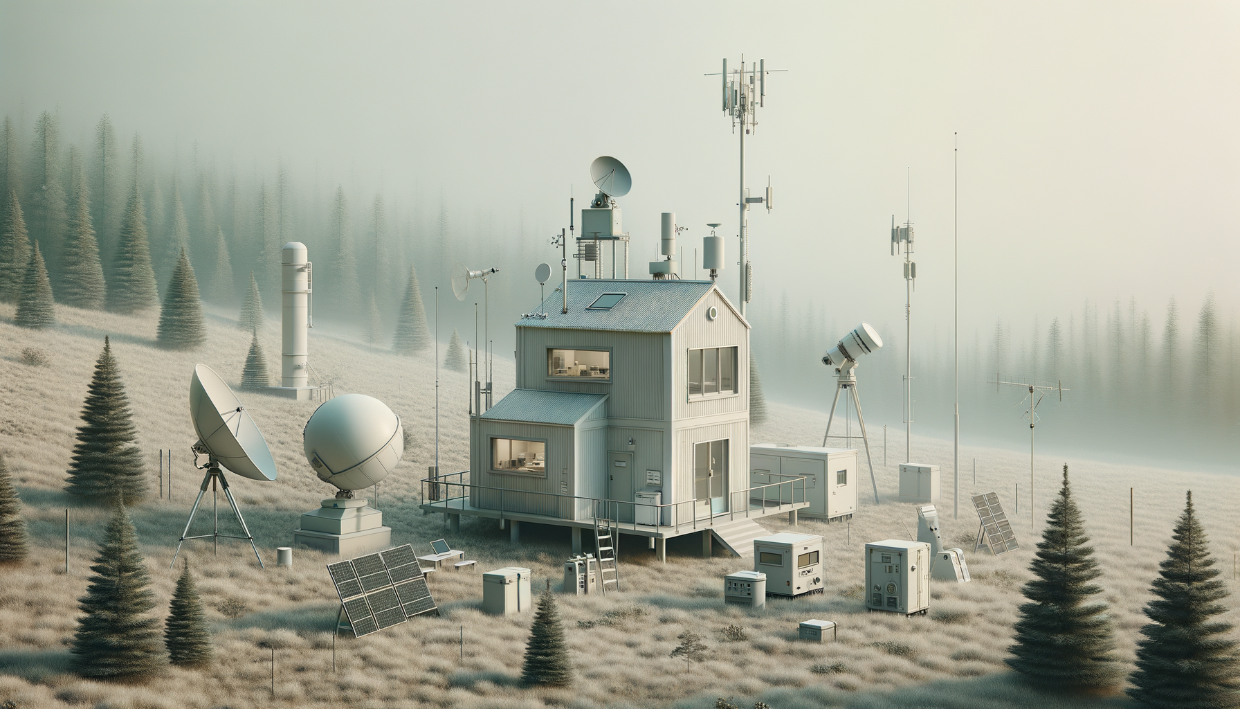 A remote research station on a foggy field with numerous antennas, satellite dishes, solar panels, and communication equipment surrounded by evergreen trees.