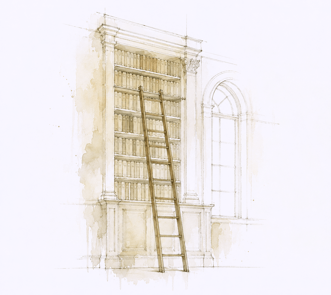 Sketch of a library shelf filled with books, with a wooden ladder leaned against it, inside a room with arched window.