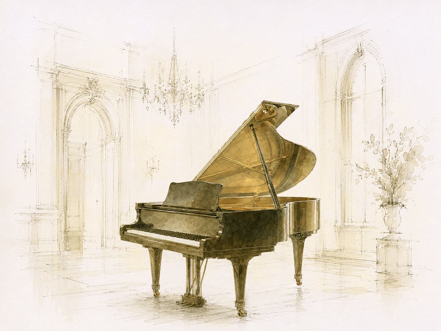 A grand piano with an open lid in an elegant room with chandeliers, large arched windows, and a tall vase with flowers in the background, sketched in a watercolor style.